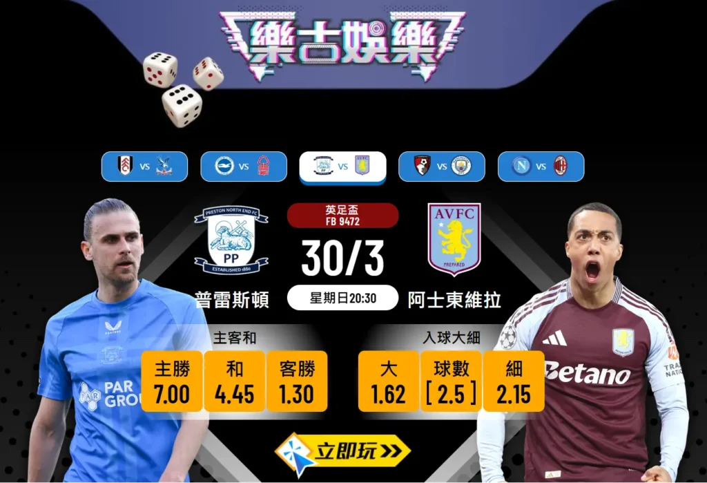 英足盃8強前瞻：普雷斯頓 VS 阿士東維拉 – 樂古波膽精準推介