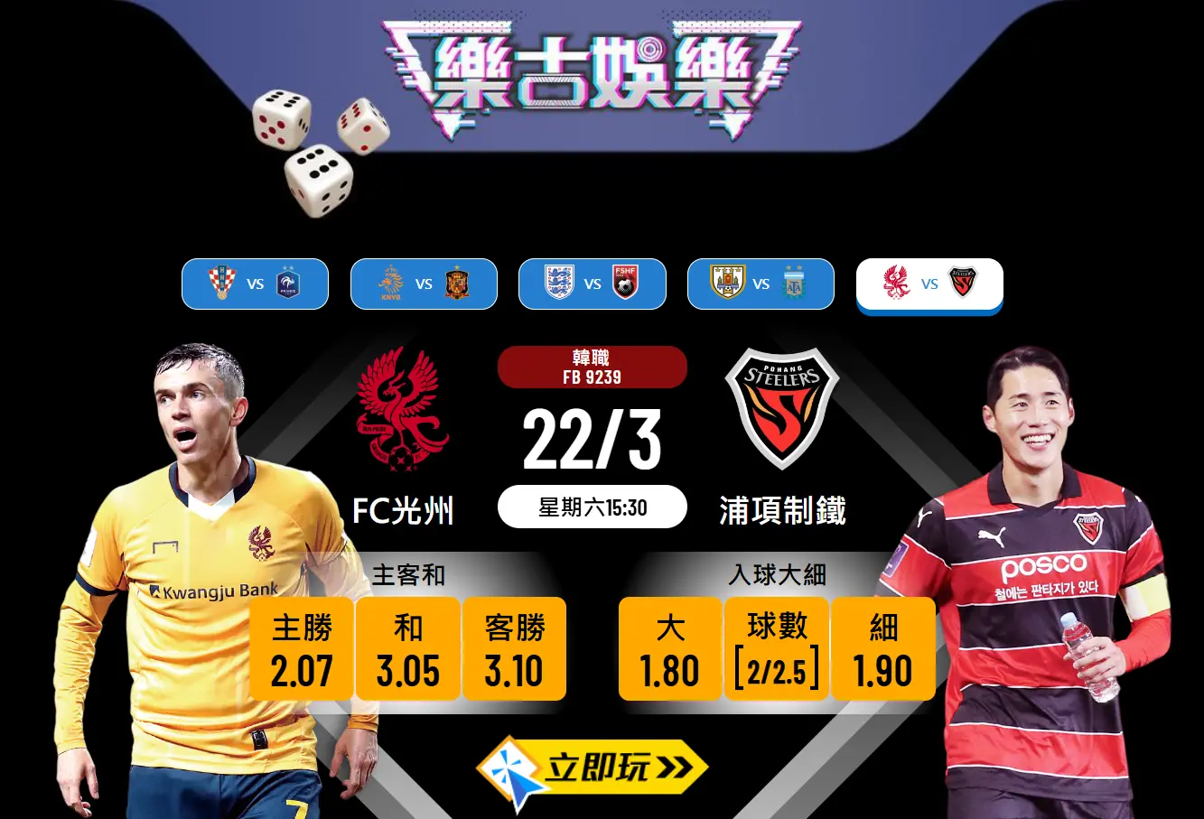 韓職激戰！FC光州 對 浦項制鐵，樂古波膽推介⚽