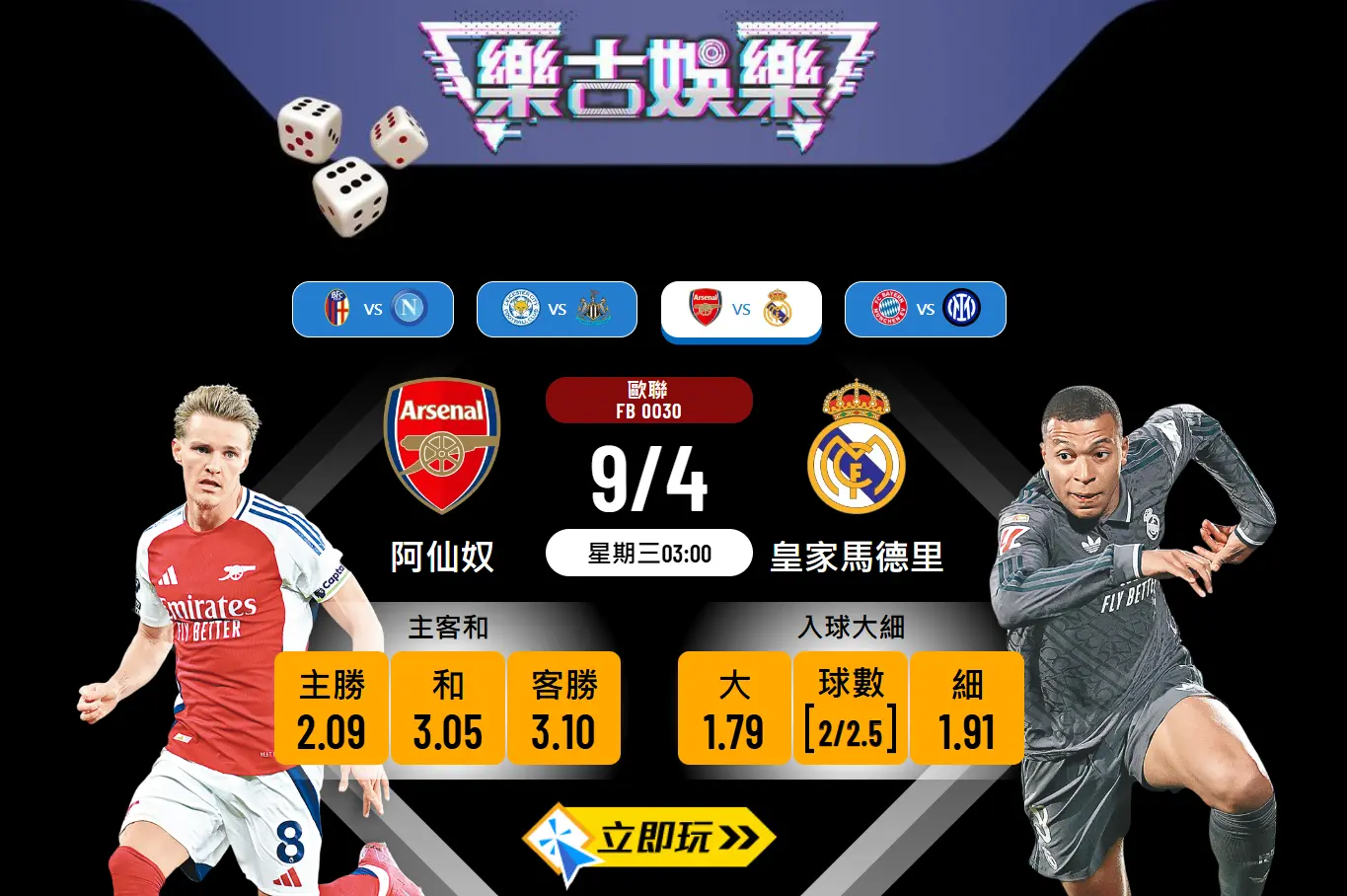歐聯8強首回合：阿仙奴 vs 皇家馬德里樂古波膽推介