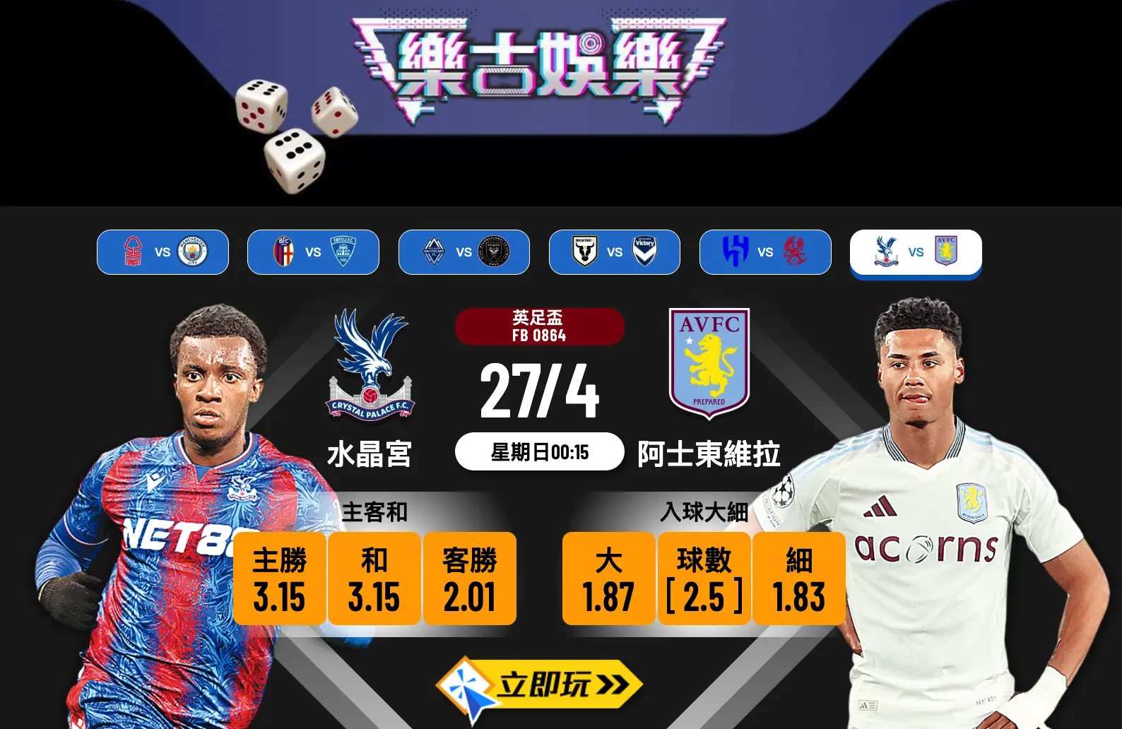 水晶宮 vs 阿士東維拉樂古波膽推介：近5次互碰皆大球，入球戰有望重現