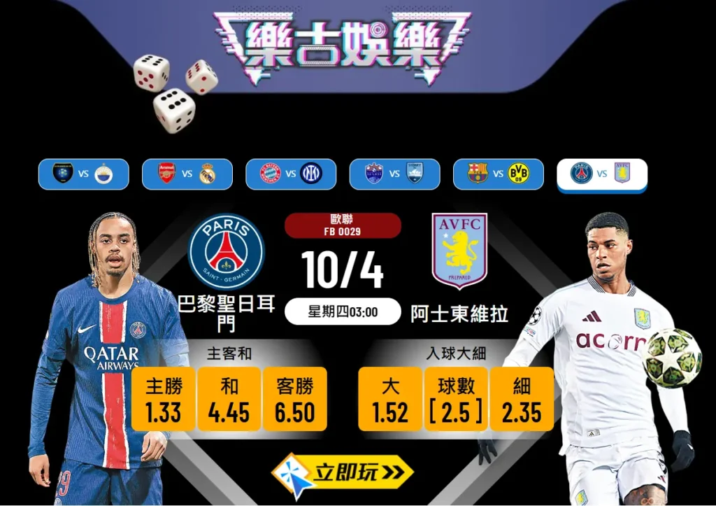 巴黎聖日耳門 VS 阿士東維拉：歐聯波膽推介與賽事分析