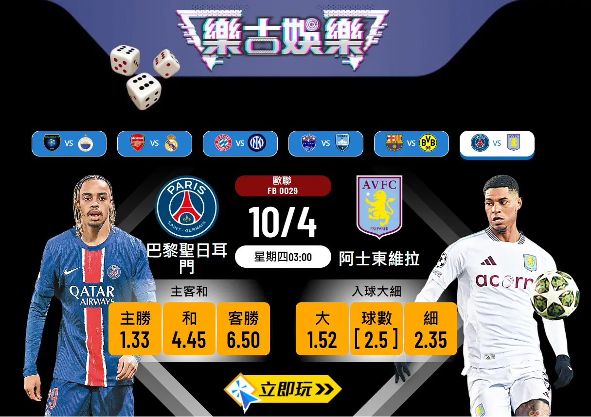 巴黎聖日耳門 VS 阿士東維拉：歐聯波膽推介與賽事分析