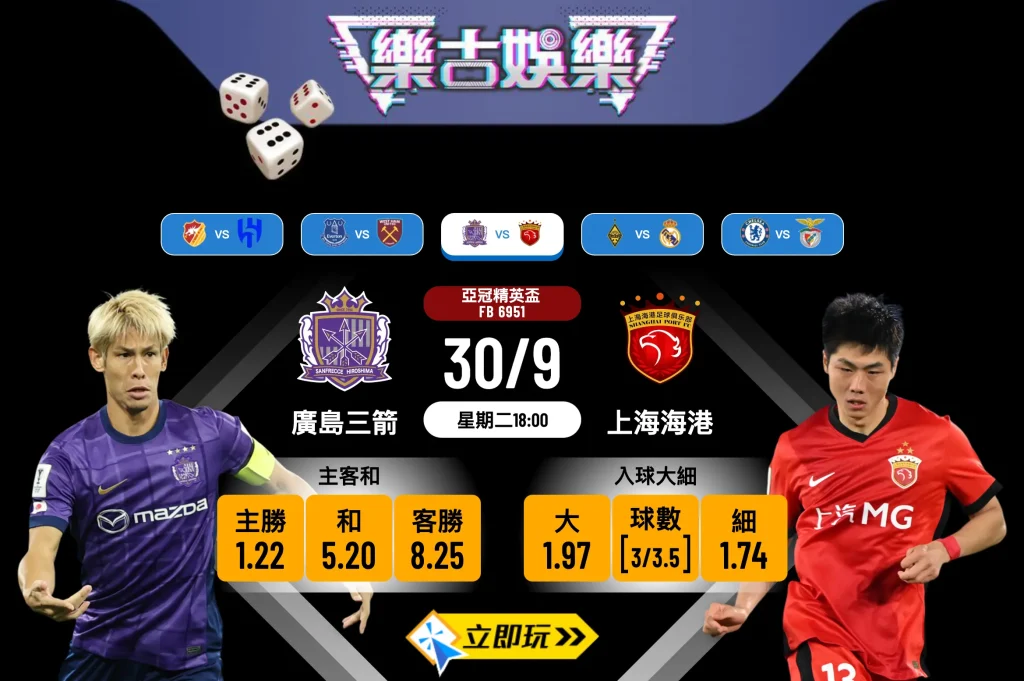 亞冠精英盃前瞻：廣島三箭 vs 上海海港，3大關鍵拆解主隊贏波格