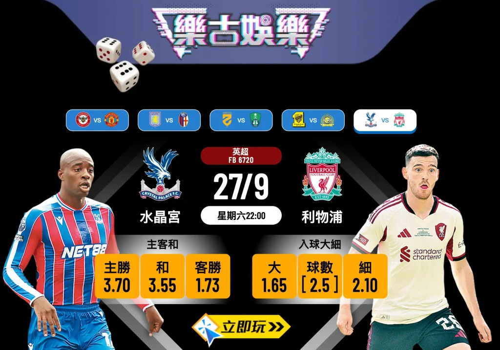 英超第6輪前瞻：水晶宮 vs 利物浦 數據拆解及波膽心水