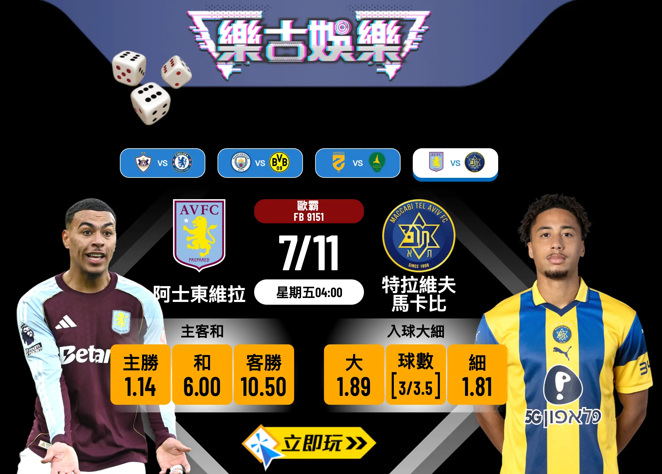 歐霸前瞻：阿士東維拉 vs 特拉維夫馬卡比 3大關鍵數據分析