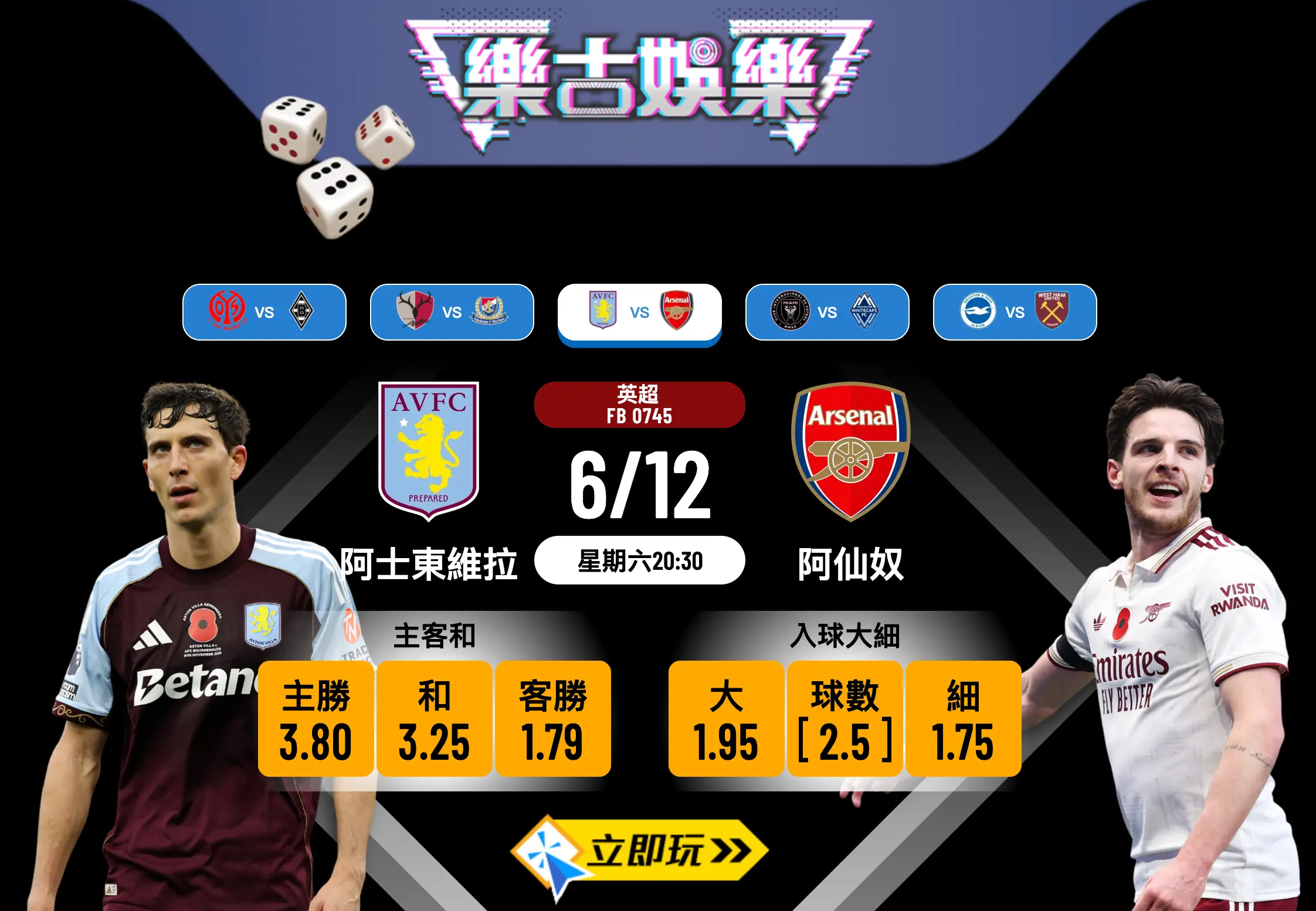 英超前列大戰：阿士東維拉 vs 阿仙奴 6大數據解構波膽推介