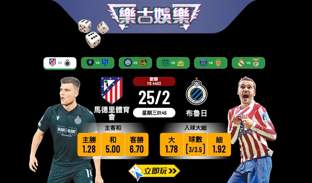 馬德里體育會 vs 布魯日 歐聯生死戰：樂古娛樂波膽推介與賽事分析