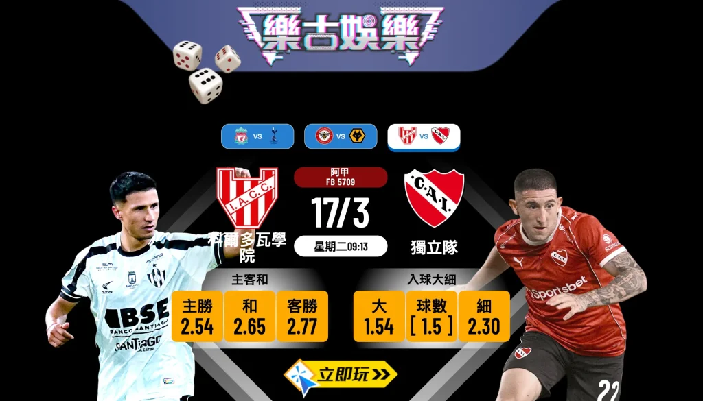 🏆【樂古娛樂波膽推介】阿甲激戰：科爾多瓦學院 VS 獨立隊，入球騷隨時爆發！⚽