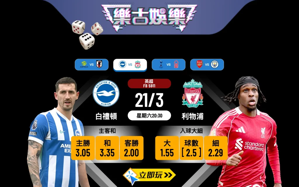 🏆 樂古娛樂波膽推介：英超第30輪激戰 3 大看點 白禮頓 vs 利物浦！