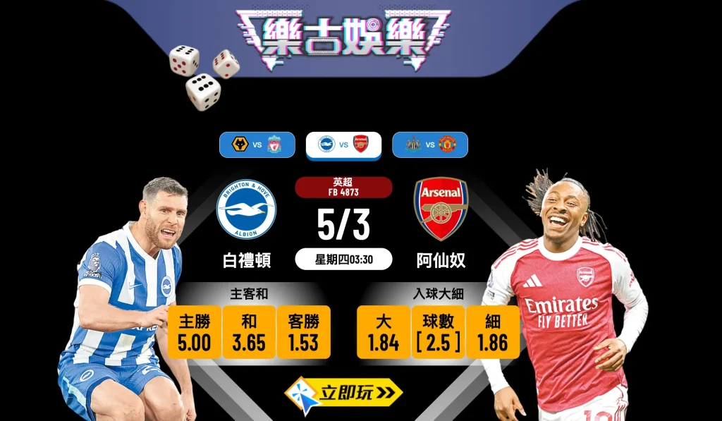 5/3 英超激戰！白禮頓 vs 阿仙奴：槍手強勢出擊，海鷗難逃一劫？樂古娛樂波膽推介
