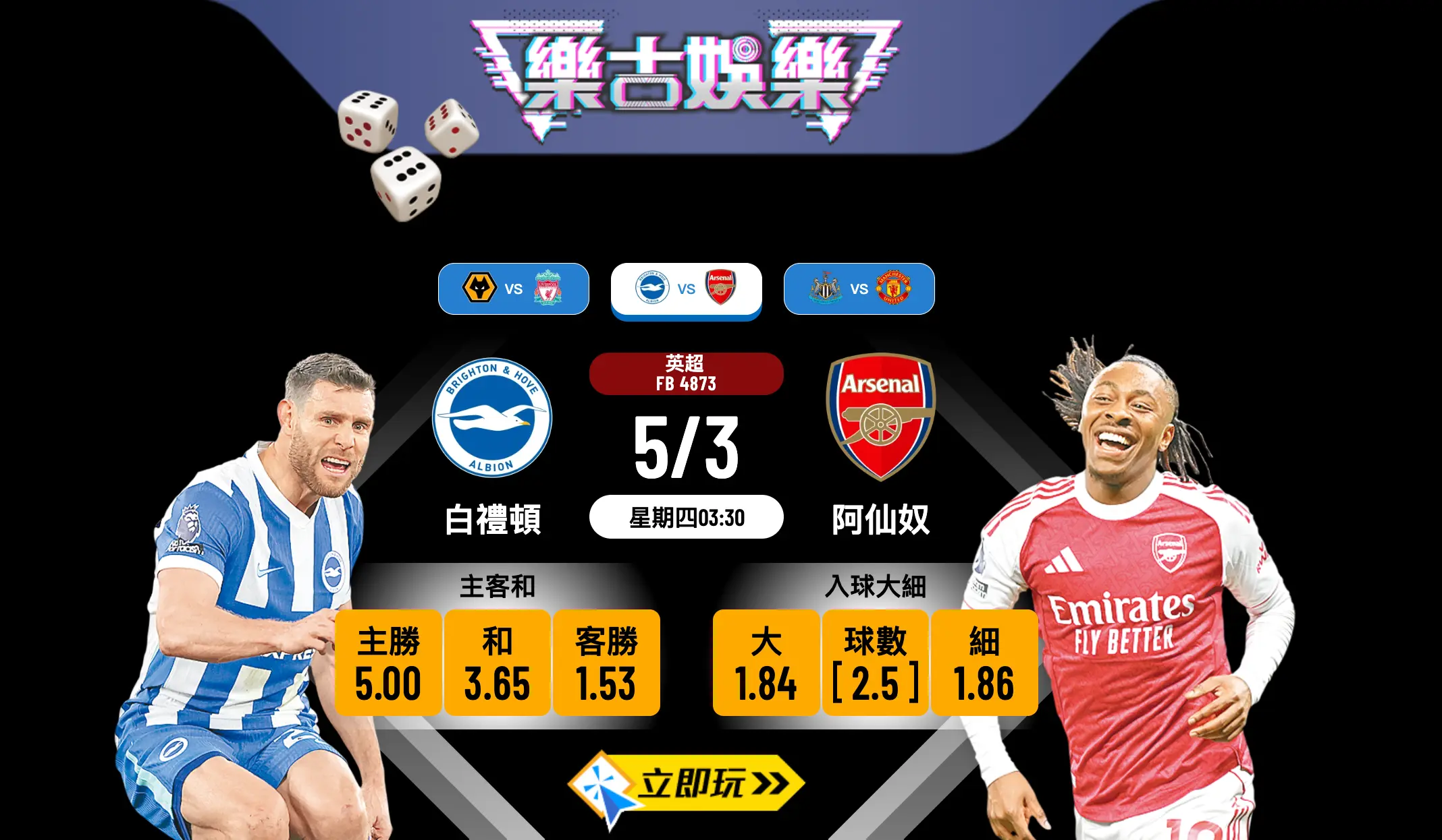 5/3 英超激戰！白禮頓 vs 阿仙奴：槍手強勢出擊，海鷗難逃一劫？樂古娛樂波膽推介