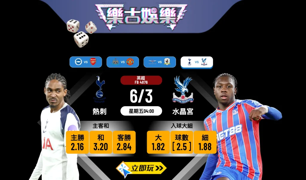 【英超】熱刺 vs 水晶宮：哀兵對決！樂古娛樂波膽推介及賽前全面分析
