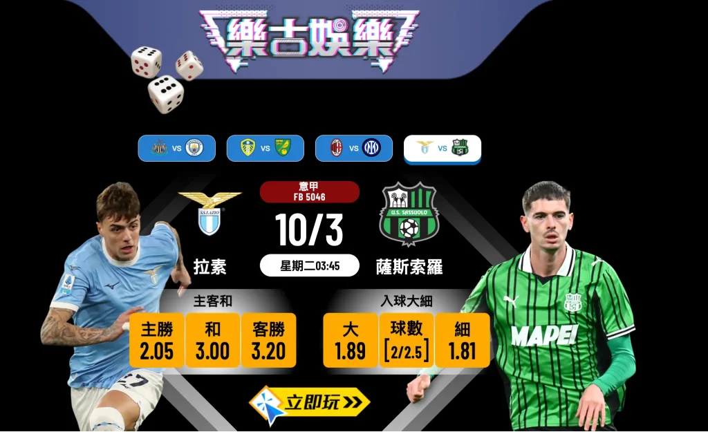 【意甲精選】2026年3月10日 拉素 對 薩斯索羅 賽前分析！必睇樂古娛樂波膽推介
