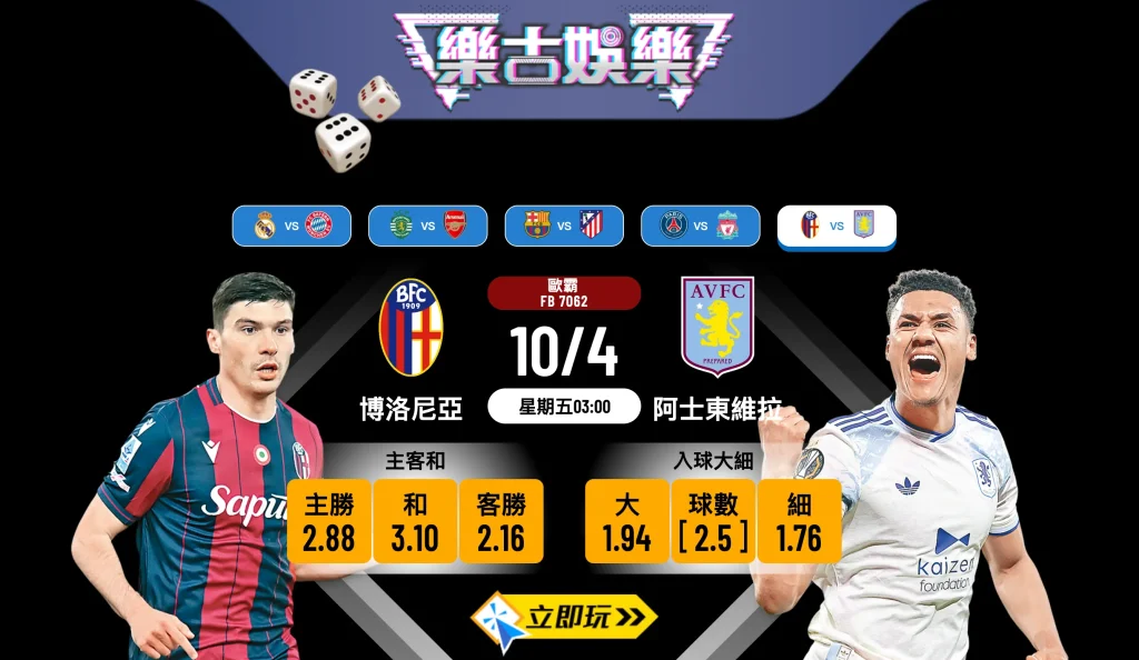 【2026歐霸盃】1場必睇樂古娛樂波膽推介：博洛尼亞 VS 阿士東維拉，維拉強陣過江爭冠必殺格！
